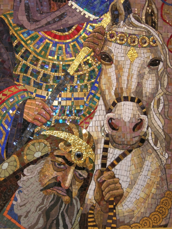Haman Leading Mordechai on Royal Horse - mosaic detail 5 - Lilian Broca