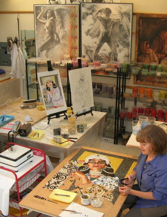 Lilian Broca in her art studio working on last mosaic